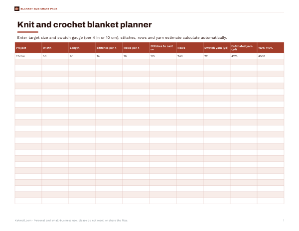 Preview of Blanket Size Chart Planner