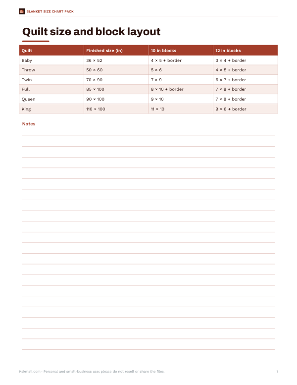 Preview of Printable Quilt Size and Block Chart