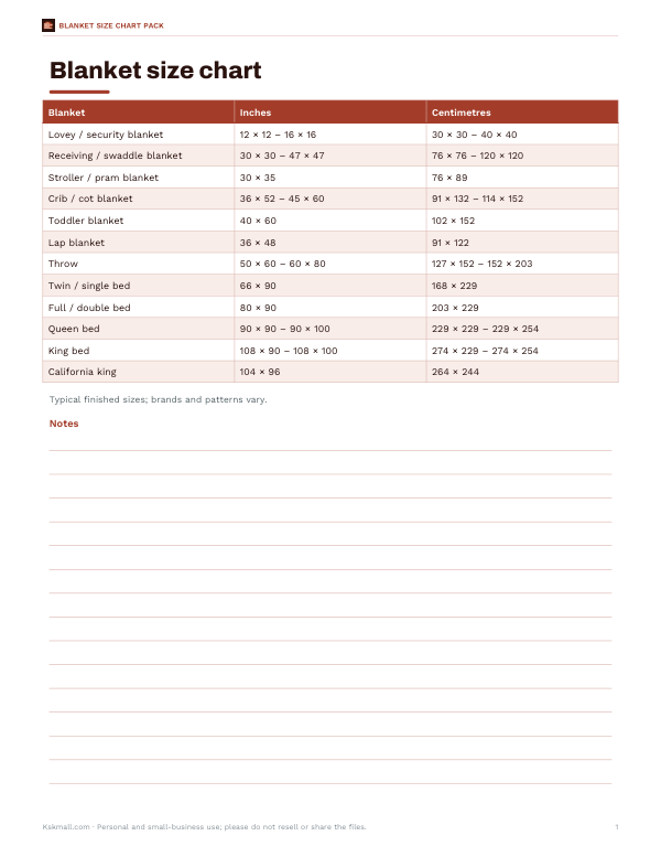 Preview of Printable Blanket Size Chart